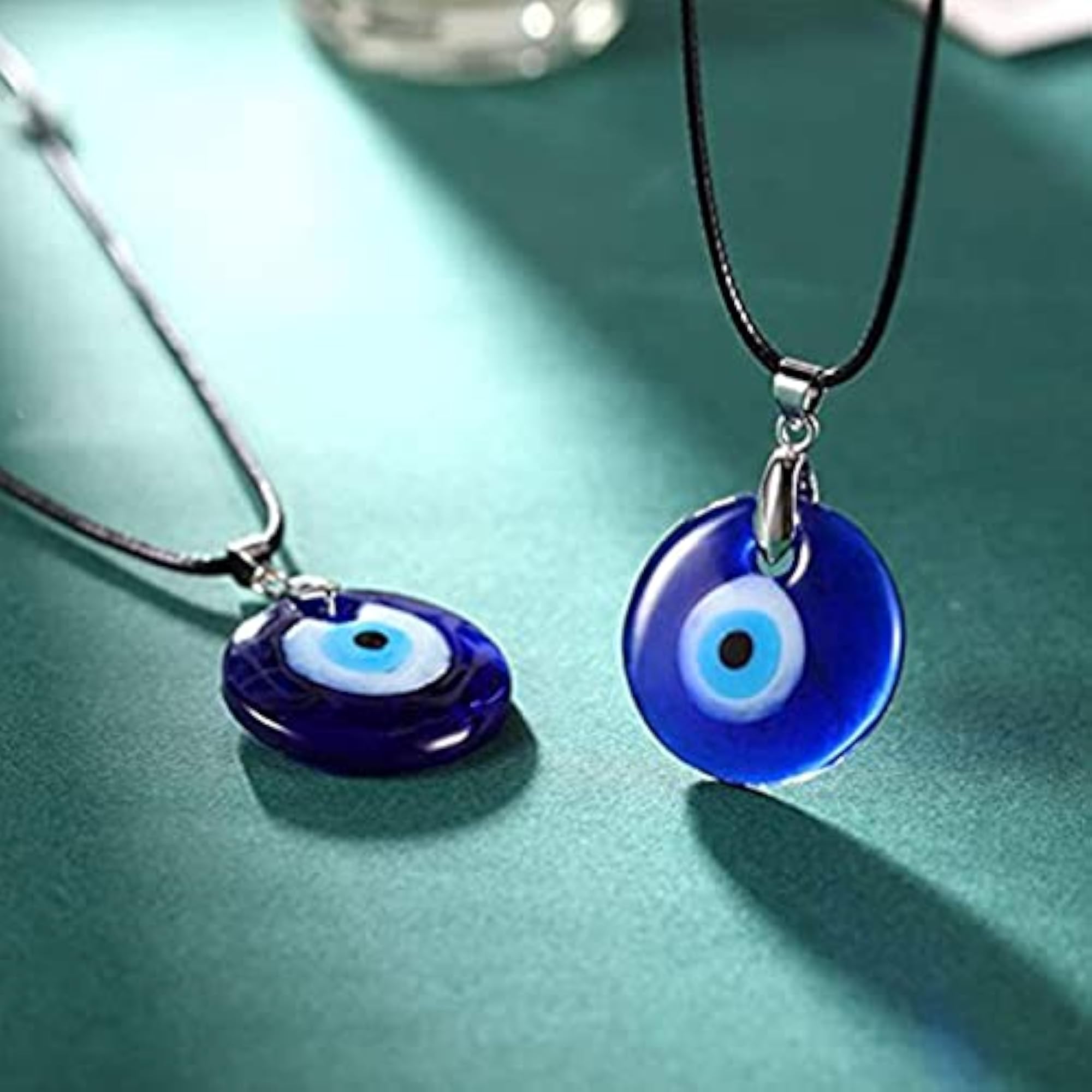 Evil Eye Pendant Necklace, Glass Leather Rope Chain