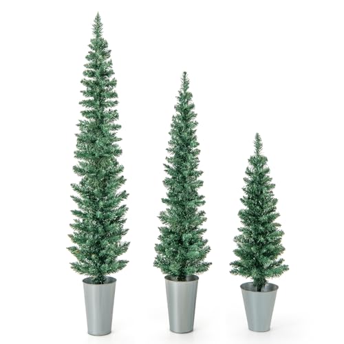 GOFLAME Set of 3 Potted Christmas Tree 3 4 5 Slim Pencil Trees with 120 140 160 Branch Tips Cement Filled Metal Bases Artificial Entrance Xmas Trees for Porch Front Door Entryway