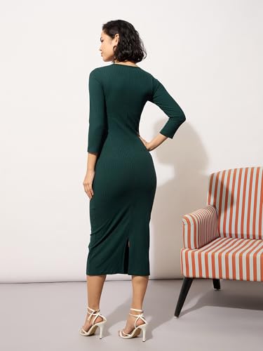 Image of barcino Black Rib Square Neck Sticth Detail Midi Dress