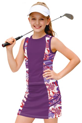 Image of AOBUTE Girls Tennis Golf Outfit Tank Top and Skirt with Shorts Set 4-12 Years