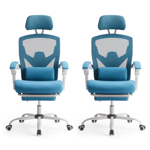 Image of Sweetcrispy Office Computer Desk Chair Set of 2, Ergonomic High-Back Mesh Rolling Work Swivel Chairs with Wheels, Comfortable Lumbar Support, Comfy Arms for Home, Bedroom, Study, Student, Blue