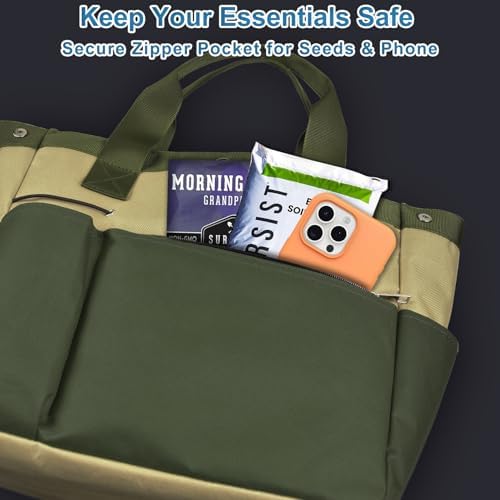 Garden Tool Bag Organizer, Gardening Tote Storage Bag with Zippers Pockets (Tools NOT Included), Green - Thumbnail 4