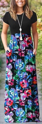 Image of EUOVMY Women's Short Sleeve Loose Plain Maxi Dresses Casual Vacation Long Dresses with Pockets