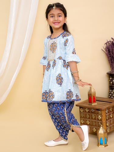 Image of superminis Cotton Blend Baby Girl's Jaipuri Print Frock Style Kurti With Frill Sleeves And Dhoti Style Salwar With Elastic Closure Ethnic Dress Clothing Set