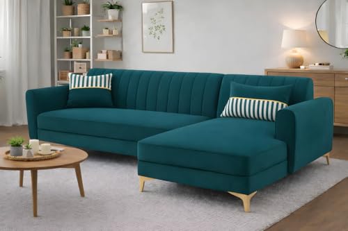 Adorn India Premium Luster 6 Seater L Shape Sofa Set | Velvet Suede Fabric | 3-Year Warranty | RHS |Color Ocean Blue with Golden Legs & Striped Pattern Cushion