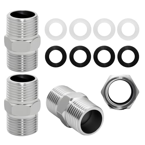 HOWAB Boquilla doble de 1/2 pulgadas de acero inoxidable: 4 unidades de extensión de manguera de ducha, adaptador de rosca exterior, accesorio de rosca con 8 juntas, para manguera flexible de 1/2