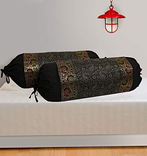 Dk Homewares Ethnic Jacquard Brocade Silk Bolster Yoga Rectangular Pillowcase Cover Paisley Black Tubular Living Room Decorative Cylindrical Hotdog Indian Throw Pillowcase 76X38 Cm - Set Of 2 Pcs #TOP1