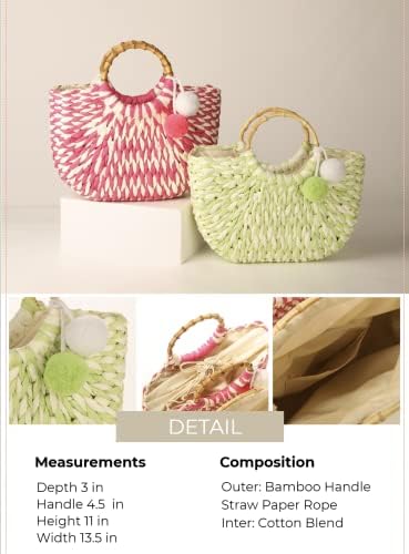 Miniatura 5 de Bolsa de paja para mujer Bolsa de playa tejida para bolso de verano Bolso de mano con mango de bambú, Rosado
