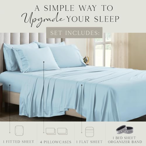 Image of KARISSA MAE 6 Piece Luxury Bamboo Viscose Cal King Sheet Set, 4 Pillowcases | FSC Certified | Cooling | Ultra Soft | 18 inch Deep Pockets | Elastic Corner Straps | Includes Organizer Band [Coastal Blue]