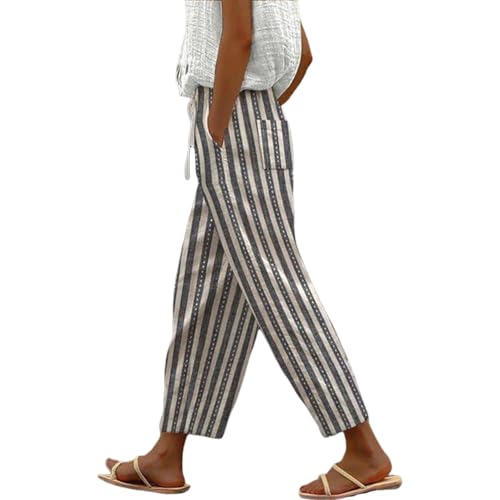 Women's Grey White Striped Wide Leg Drawstring Waist Casual Trousers 2025 Spring Summer Stylish Loose Pants