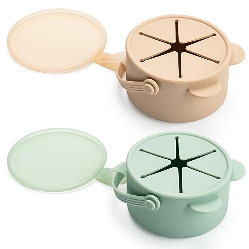 Image of Silicone No Spill Snack Cups for Toddlers – Portable Baby Snack Cup Containers with Dustproof Lid – Dishwasher-Friendly Toddler Spill Proof Cups Without BPA, Lead, or Phthalates – Beige and Green
