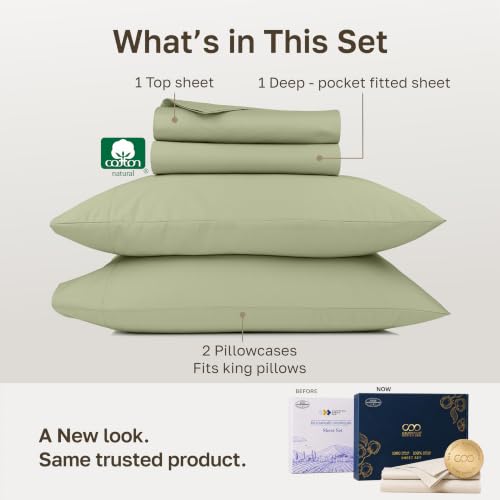 Image of California Design Den 1000 Thread Count King Sheets Deep Pocket Set | Backed by Good Housekeeping Seal - 100% Cotton Sateen - Soft, Thick & Heavy, 16 inch Deep Pocket, All-Around Elastic, Pale Green