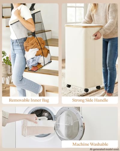 Image of Laundry Hamper with Wheels, 110L Large Clothes Hamper with Removable Inner Bag, Collapsible Dirty Clothes Basket for Dorm, Rolling Dirty Clothes Basket for, Bedroom, Bathroom, Laundry Room