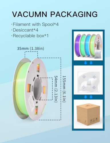Image of PINBALL Glow in The Dark PLA Filament, 3D Printer Filament Bundle | Multicolor PLA 1.75mm, 250g Spool, 4 Rolls, Green+Blue+Purple+Rainbow