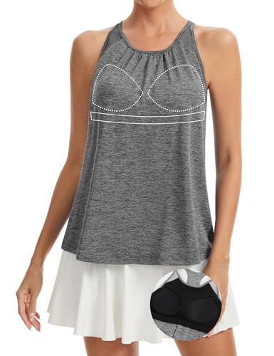 MISS MOLY Sport Tank Top Damen Mesh Racerback Sporttop mit Integriertem BH Sportshirt Ärmelloses Sport Oberteile Yoga Shirt Fitness Training Tops Lässig Oberteile Cami(Grau M)