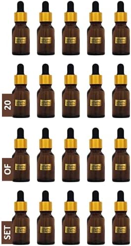 All Naturals Amber Glass Bottles 15ml (20 pcs) for Essential Oils, Blends, DIY Perfumes, Face Oil with Dropper and Metallic Cap