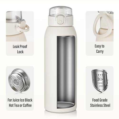 Image of Insulated Water Bottle 24 oz with Dustproof Lid, Carry Handle & Tea Infuser, BPA-Free & Leakproof, Stainless Steel Water Bottles Ideal for Fitness, Hiking, Office & Outdoor Use (Beige)
