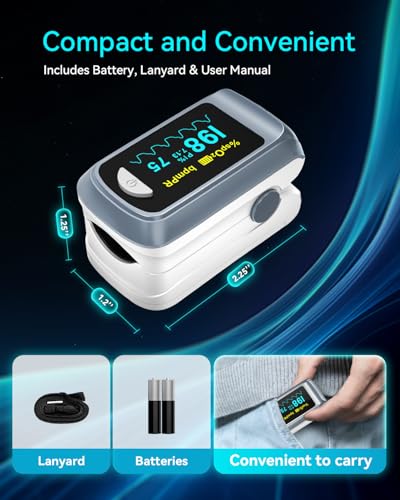 HealthTree JKS50B Fingertip Pulse Oximeter Blood Oxygen Saturation Monitor Pulse Ox, Heart Rate and Fast Spo2 Reading Oxygen Meter with OLED Screen Included Lanyard and 2 X AAA Batteries - Image 5