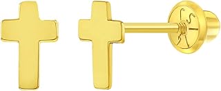 14k Yellow Gold Tiny Classic Cross Screw Back Earrings for Toddlers & Little Girls - Dainty Cross Earrings with Safety Screw Back for Children - Small Religious Stud Earrings for Babies & Toddler