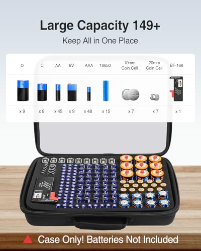 Luxtude Battery Organizer Storage Case with Tester, Clear Battery Storage Organizers Holds, Hard Batteries Holder Organizers, Portable Batteries Case Organizer (Black Large)