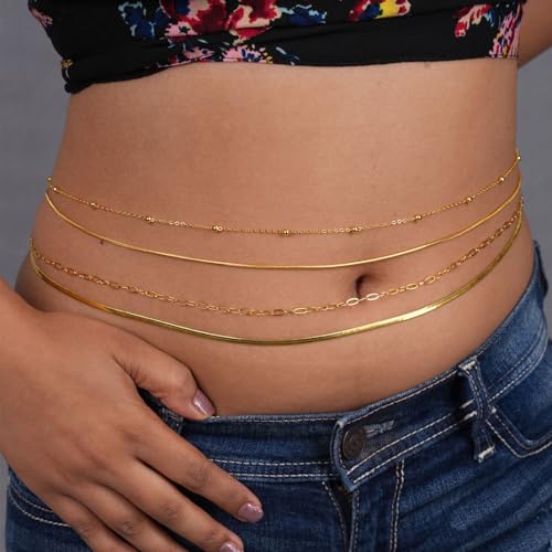 Image of VAMA FASHIONS 18K Gold Plated Belly Chain Combo for Women Girls Anti Tarnish Adjustable Waist Hip Belt Beads Herringbone Saree Kamarbandh Beach Body Chain Jewelry