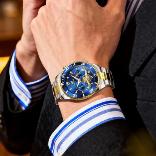 Image of OLEVS Mens Watches Chronograph Luxury Dress Moon Phase Two Tone Stainless Steel Waterproof Luminous Business Calendar Wrist Watch
