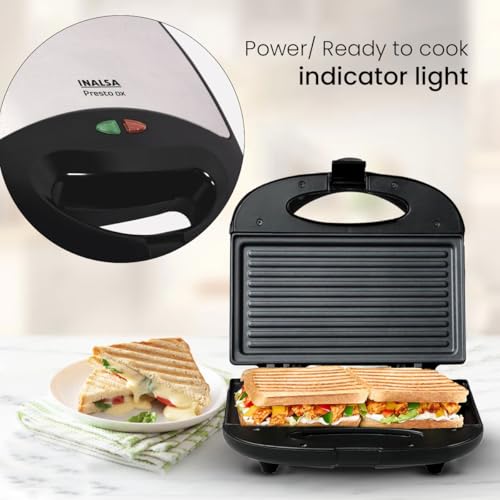 Image of INALSA Grill Toaster with SS Cover On Top Cover|Over Heat Protection|Vertical Storage|Easy Locking|Non Stick Coated Heating Plates (Presto DX),800 Watts,Black