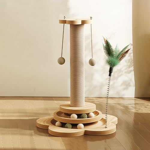 Paporich Pets Cat Scratching Post 18 - Indoor Cat Toys for Small and Medium Cats - Wooden Kitten Post With Ball Track and Catnip Balls