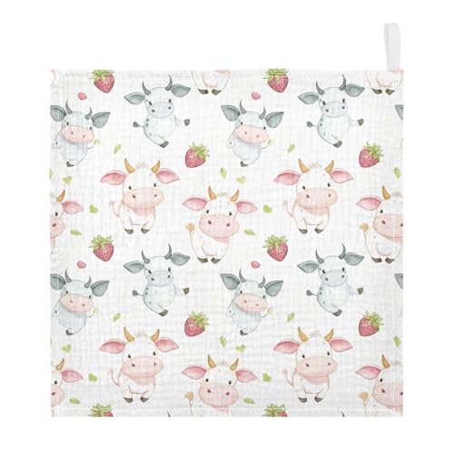 Image of vvfelixl Cow Pink Cartoon Strawberry Baby Burp Cloths Baby Muslin Washcloths for Boys Girls Cotton Babys Face Towel for Newborn Infants Soft and Absorbent 11.8 X 11.8 in, 5 Pack