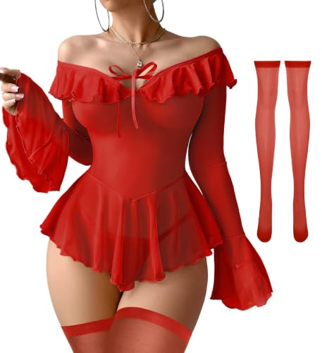 Image of Foxiny Sheer Ruffle Long Sleeve Babydoll Lingerie Dress | Off-shoulder neckline, flared cuffs and a flounce hem add movement; thong and thigh-high stockings complete the 3-piece set