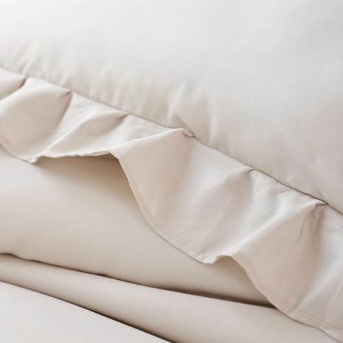 Image of JANZAA Beige Comforter Set Queen - Soft Microfiber, Lightweight All Season Bedding, Ruffle Shabby Chic Aesthetic, Breathable Cozy Bed Set with 2 Pillow Shams, Machine Washable