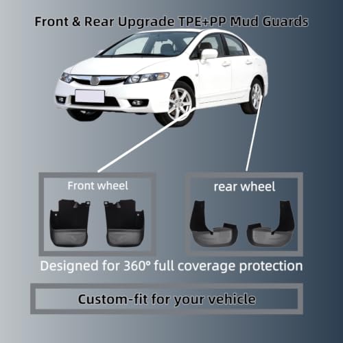 Image of No Drill Mud Flaps Compatible with 2006-2011 Honda Civic LX EX EX-L Sport Touring Si Sedan(Not fit Coupe /Type-R),OEM Style Textured Black Custom Fit All Weather Exterior Accessories(Set of 4)