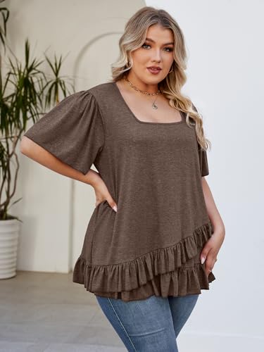 Womens Plus Size Tops Dressy Casual Blouses Square Neck Ruffle Hem Tunic Summer Going Out Shirts Short Sleeve 20252