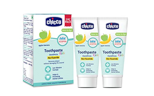Image of Chicco Toothpaste for Kids, Best for Baby (6m-6y), Apple-Banana Flavour, 50g (Pack of 4) | Fluoride-Free & Low Abrasive | Removes Plaque, Helps Prevent Cavities | IDA Accepted