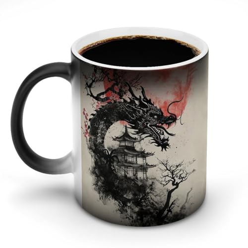 ブラックドラゴンレッドサンアート水墨画マグカップ 変色カップ イラストアート コーヒーカップ 高級 おしゃれ 人気 誕生日プレゼント ギフト 贈り物 彼女 妻 友人 家族 愛する人への素敵なプレゼント バレンタインデー 結婚記念日 プレゼント 350ml