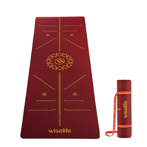 Image of WiseLife TRUE Body Alignment Yoga Mat with Strap - Extra Wide 10mm Non-Slip ECO TPE Exercise Mat for Yoga, Pilates, Home Workout & Gym - Alignment Lines, Eco Friendly (Wine)
