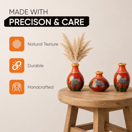 Image of Aakriti Art Creations Joyful Elephants Terracotta Vase Set of 3 (Red) | Hand-Painted Madhubani Art Flower Vases | Matte Finish Decorative Vases for Living Room, Table Decor & Gifting