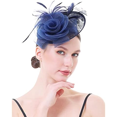 Fascinator Pillbox Hat for Women Tea Party Wedding Flower Derby Veil Hair Clip Feather Mesh Cocktail Bridal-Navy-14 Cover