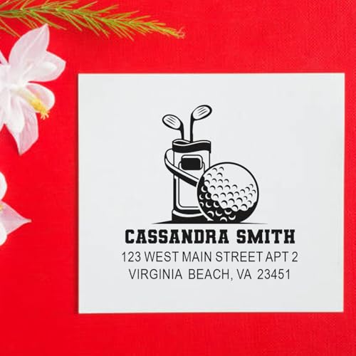 Image of Slim Pre Inked Rubber Stamp Golf Gear Essentials - Scrapbook and Journal | Golfer Gift Stamp. Compact Address Stamp. Choice of 5 ink colors. Laser-cut lettering. Up to 15,000 impressions. Stores flat.