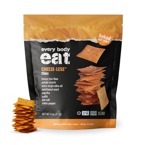 Every Body Eat Gluten Free Crackers, Cheese-Less – Healthy Snacks, Vegan Cheddar Style Crackers, Dairy Free, Seed Oil Free Snack Crackers (Pack of 2), 4 oz Bags