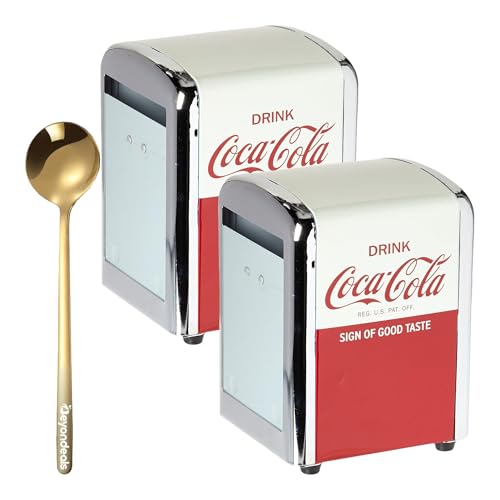 Coca-Cola Napkin Dispenser, Red Retro Half-Size, Durable Paper Napkins Holder With Spring-Loaded Mechanism, Ideal For Home & Diner, Includes Beyondeals Golden Ss Spoon, Pack Of 2