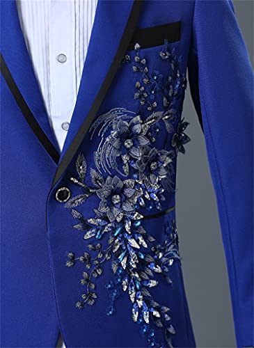 Mens 2 Pieces Luxury Embroidered Suits 1 Button Print Dinner Tuxedo Jacket Pants Prom Wedding Elegant Blazer Dress Suit (Blue,Medium)4
