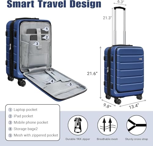 SmileLine 20 inch Carry-On Luggage Set with TSA Lock, Lightweight Hardside Suitcase with Spinner Wheels, Expandable Checked Luggage with Front Pocket, Bonus Travel Backpack & Makeup Bag, Navy Blue2