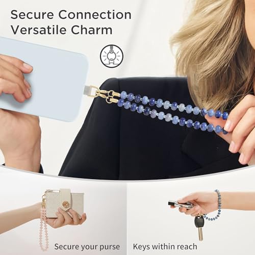 Posadina Handykette aus Naturstein, Handmade kurzer Handyanhänger mit Perlen, Beaded Handyband Phone Charm mit passgenauer Lasche