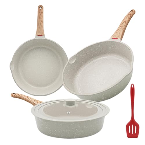 Bobikuke Juego de Sartenes Antiadherentes de 5 Piezas, Juego de Sartenes Profesionales de 20/24/28cm con Tapa Universal, Aptas para Todo Tipo de Cocinas, sin PFOA (Blanco)