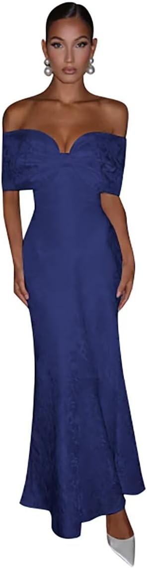 Off The Shoulder Jacquard Satin Prom Dresses for Teens Bodycon Formal Evening Party Gowns with Bow Long LL-M144