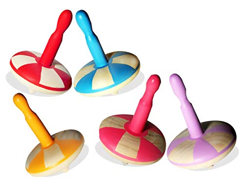Image of VParents Wooden Spin Tops Non Toxic Organic for Kids (3 Years+) - Curiosity & Fine Motor Skills (5 Pieces) (Pink Blue Purple Red Orange)