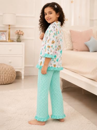 Image of superminis Baby Girls Hosiery Printed ' Animal Print Full Sleeves Night Suit with Frill On T Shirt and Pyjama