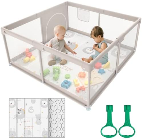 ZEEBABA Baby Playpen with Mat, 47x47inch Playpen, Playpen for Babies and Toddlers, Small Baby Play Pens, Large Playpen for Toddler, Play Yard for Infants with 47" Play Mat, Playard with Gate