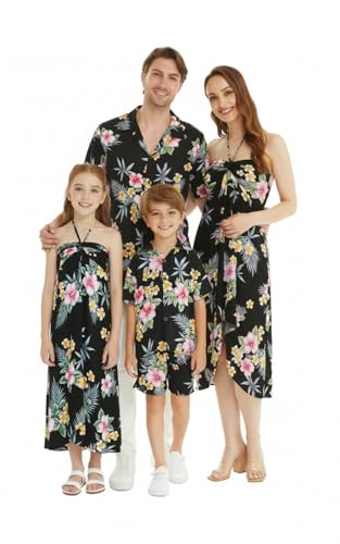 Image of Family Matching Hawaiian Clothes, Hibiscus Black | Black Hibiscus Print • Soft Rayon Fabric • Family Matching Outfits • Vacation Ready • Luau Party Wear